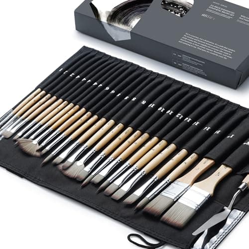 Image of ARTIFY 25 pcs Acrylic Paint Brush Set, Artists Professional Paint Brushes with a Foldable Stand-Up Brush Holder-No Shedding, Artists Gift for Acrylic/Oil/Watercolor/Gouache/Face Painting, Art Supplies