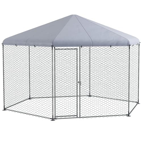 Image of PawHut Walk in Chicken Run Outdoor Poultry Cage Galvanised Chicken Coop with Cover for 10-15 Chickens, Hens, Ducks, Rabbits, 4 x 3.5 x 2.6m, Silver Tone