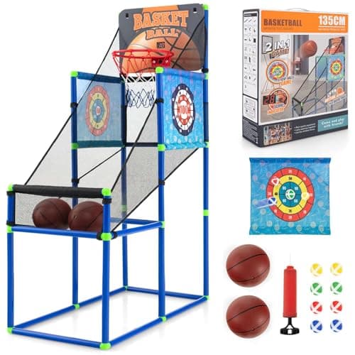 Image of GYMAX Basketball Arcade Game, 2 in 1 Kids Basketball Stand Set with 2 Basketballs, 8 Sticky Balls, Electronic Scoreboard & Sound Effect, Outdoor Indoor Basketball Hoop Game for 3 Years Old+ Boys Girls