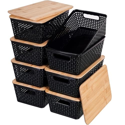 Image of Citylife Set of 8 Pack Storage Baskets with Bamboo Lids,Woven Plastic Storage Boxes,Stackable Lidded Bins for Kitchen Bathroom Desktop Closet Classroom Office,Black