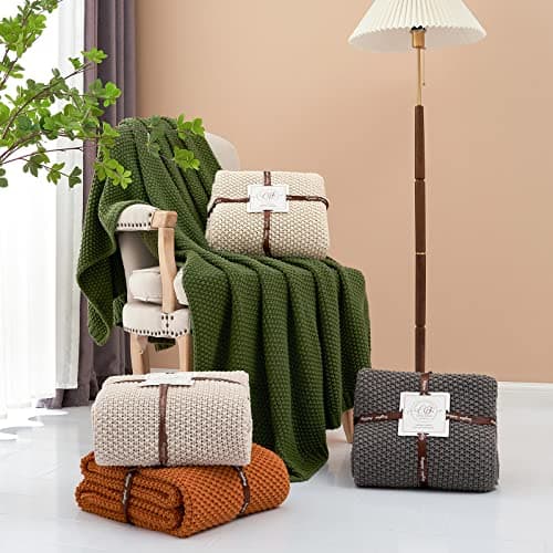 Image of Longhui bedding Chunky Cable Knit Throw Blanket Lightweight Grey 100% Organic Cotton Blanket for Sofa Couch Bed Baby Nursery, Rustic Shabby Chic Modern Farmhouse, Gray 51” x 63” Give Laundering Bag