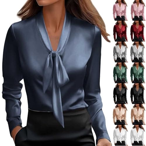 Image of Keepink Long Sleeve Tops for Women UK Satin Tie Neck Blouses V Neck Elegant Shirt Loose Dressy Casual Shirts Collared Business Work Outfits Office Smart Special Occasion Top Formal Wear