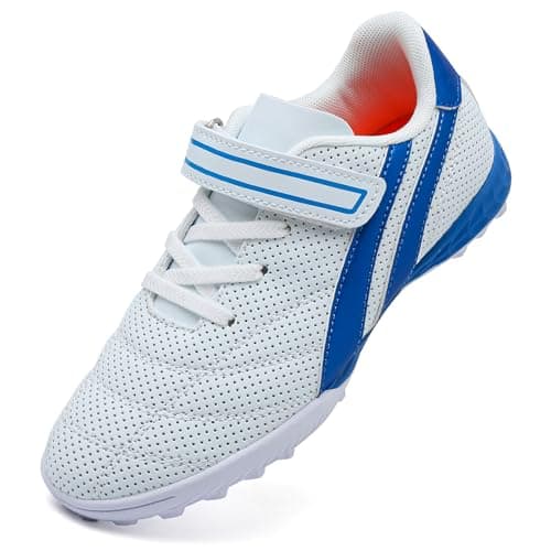 Image of VLOOKST Boys' Football Boots Kids Girls Astro Turf Trainers Non-Slip Junior Soccer Shoes Sports Shoes Outdoor Athletic Sneakers Football Shoes Unisex White Blue 4UK