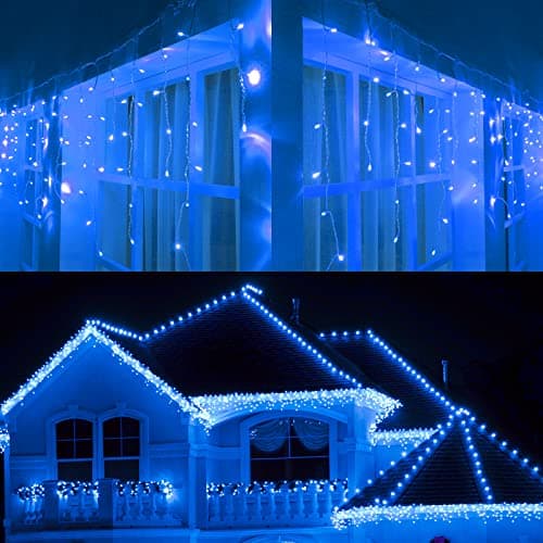 Image of Joomer Blue Icicle Lights Outdoor, 250 LED 9.8M Outdoor Christmas Lights Mains Powered, 8 Modes Hanging Fairy Light Christmas Decorations Timer Connectable for Xmas Outside Gutter House Roof