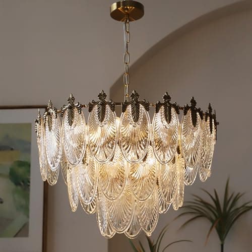 Image of Antique Chandeliers 3-Layer Crystal Glass Chandelier, 9-Lights Round Pendant Light 23.5" Brushed Brass Gold Adjustable Height, Applicable to Dining Room, Bedroom, Living Room, Foyer, Kitchen Island