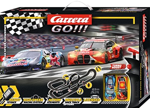 Image of Carrera GO!!! 20062561UK DTM High Speed Showdown Metre Slot Car Racing Track for Children from 6 Years and Adults With UK Plug,1:43 Scale, 8.9 Metres, With BMW M4 GT3 & Ferrari 488 GT3 'Red Bull'
