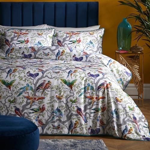 Image of Laurence Llewelyn-Bowen - Multi-Colours Birds Duvet Cover - King Bedding Size (230 x 220cm) - Soft 100% Cotton Sateen - 2 Pillowcases - 200 Thread Count - Luxury Bedding - Bird Duvet Cover in White