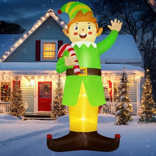 Image of Fayavoo 12 FT Christmas Inflatable Outdoor Decoration, Giant Buddy The Elf Inflatable Christmas Blow Up Yard Decorations Holding Candy Cane with Built-in LEDs for Holiday Party Lawn Garden Xmas Decor