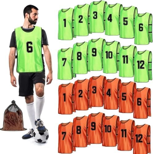 Image of Football Bibs for Adult Youth, 24 Pack Sports Training Mesh Bibs, Numbered Practice Vest Pennies for Soccer Basketball Football Volleyball - Orange & Green