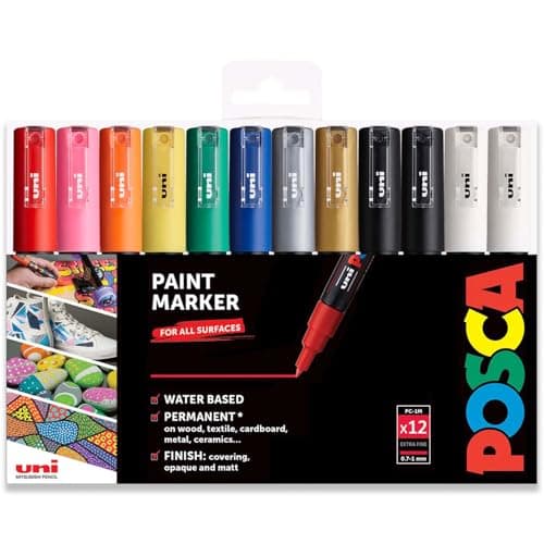 Image of Posca Water Based Permanent Marker Paint Pen - Multi Surface Use - PC-1M 0.7-1.0mm Extra Fine - Professional Set of 12 - Includes Extra Black and White