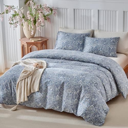 Image of Lekesky 100% Cotton Duvet Cover Sets Blue Bohemian Bedding - Classic Paisley Print Double Duvet Set (1x Quilt Cover, 2x Pillowcases) 200T Cozy Cotton Double Bedding 200x200 cm, Blue