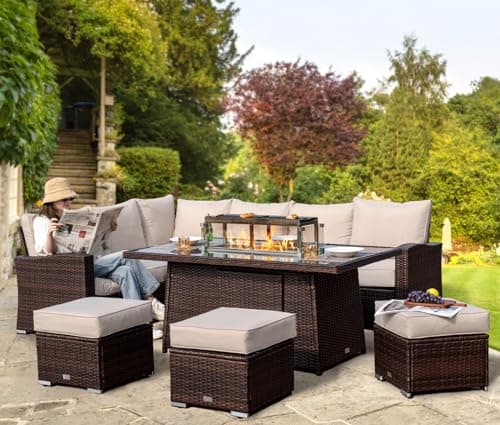 Image of Rattan Garden Furniture with Fire Pit Table - Premium Series - 8 / 9 Seater Outdoor Furniture Rattan Corner Sofa Corner Garden Patio Sets - FREE RAIN COVER (Dark Brown, Left Hand - Firepit Table)