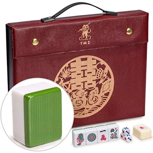 Image of Yellow Mountain Imports Professional Chinese Mahjong Game Set, Double Happiness (Green) with 146 Medium Size Tiles - For Chinese Style Game Play [專業中式麻將]