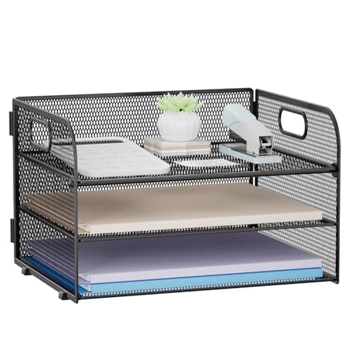 Image of Restorgan 3 Tier Paper Organiser with Handle, Mesh Desk Organiser Letter Tray, Paper Tray Organizer for A4 File Folder, Black