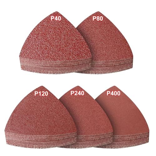 Image of PMIQSA 100 PCS Delta-Triangle Sanding Sheets 20 x Grits 40/80/120/240/400 Hook and Loop Sander Pads 93 x 93mm Detail Sander Pads for Grinding and Polishing Wood Metal