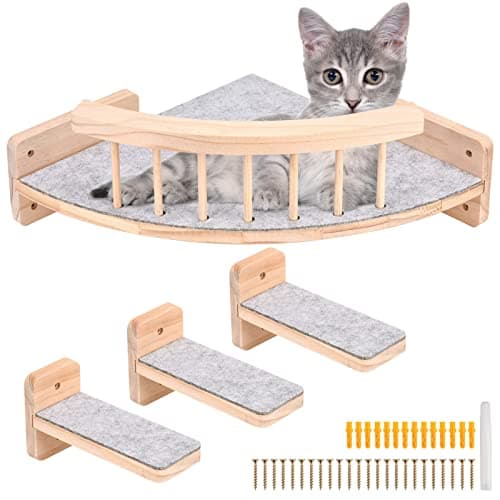 Image of Latawon Wall Mounted Cat Hammock Cat Wall Shelves with 3 Steps, Cat Wall Shelf and Steps with Plush Covered,Solid Wood Cat Wall Furniture Cat Climbing Shelf for Climbing Sleeping Playing