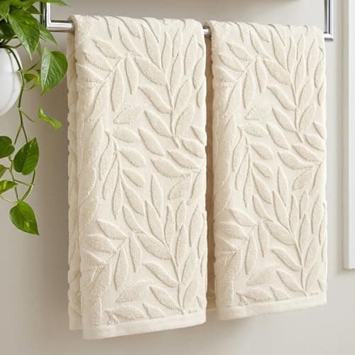 Image of AnyDesign 2Pcs Leaves Hand Towels 3D Jacquard Cotton Bath Towel Beige Botanical Decorative Dish Towel for Home Bathroom Kitchen Decor Gift Set