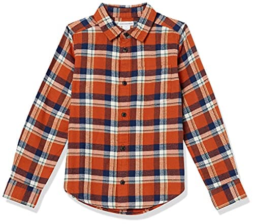 Image of Amazon Essentials Boys' Flannel Button Down Shirt, Navy Orange Plaid, Large