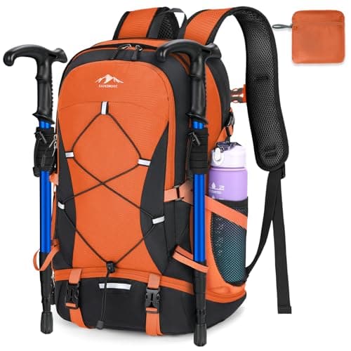 Image of RAINSMORE Hiking Backpack 40L Foldable Lightweight Rucksack for Men Women Water Resistant Large Backpack for Walking Camping Climbing Travelling Black and Orange