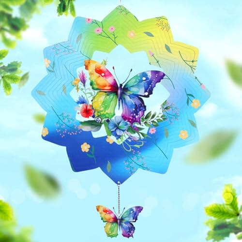 Image of FACIACC Wind Spinners Outdoor, Butterfly Metal 3D Hanging Garden Decor, 12-inch Stainless Steel Wind Spinner with Tail Spinner, Wind Sculptures for Indoor Patio Lawn Yard, Ornament Gift for Women/Men