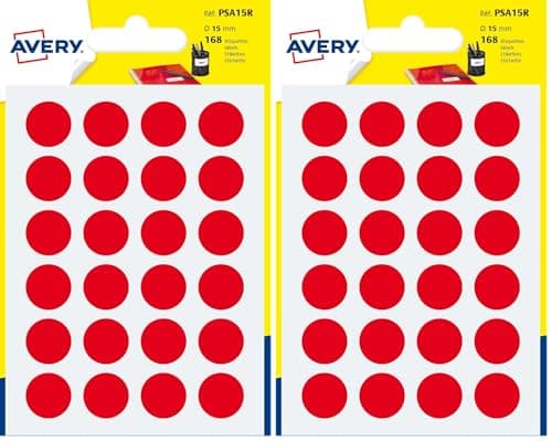 Image of Avery, Circle Stickers, 15mm, Red, Small Round Dot Adhesive Labels, 168 Per Pack (PSA15R) (Pack of 2)