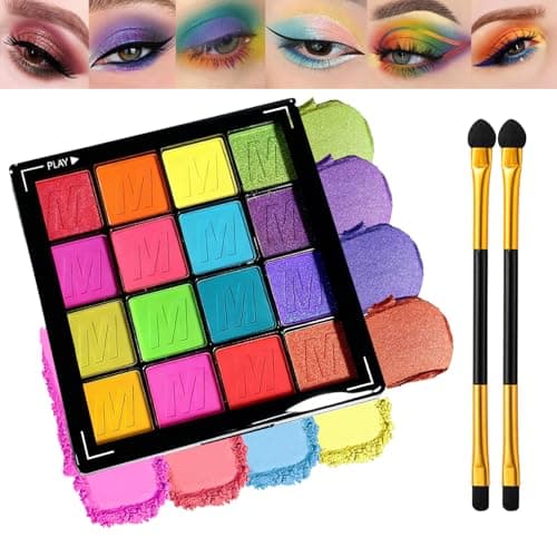 Image of 16 Colour Glitter Matte Shimmer Eyeshadow Palette with Brush – Waterproof Highly Pigmented Long Lasting Colourful Eye Shadow, Rainbow Neutral Dark Mini Sparkly Lilac Palette (Neon Style)