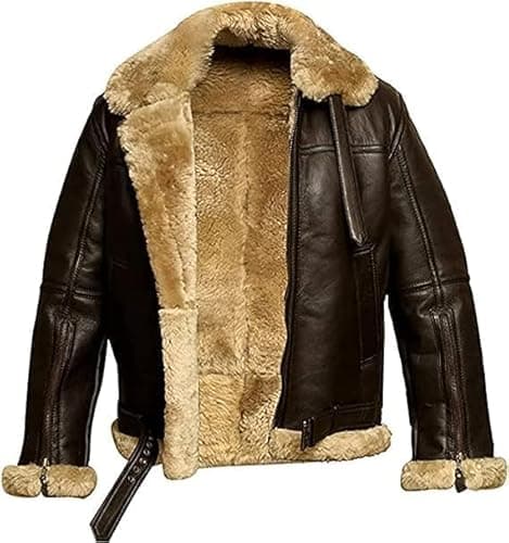 Image of Genuine Shearling RAF Aviator Brown B3 Jacket - Premium Sheepskin Leather Bomber Jacket (UK, Alpha, L, Regular, Regular, Brown)