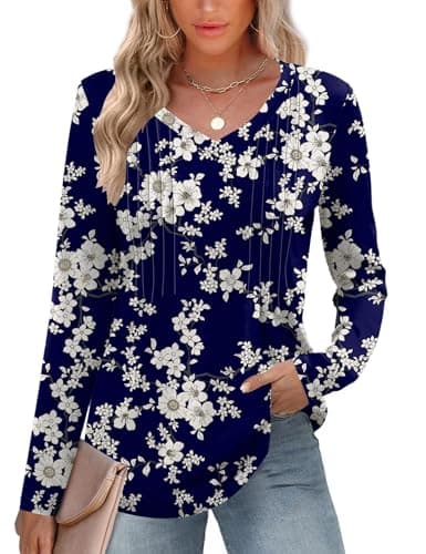Image of EFFAN Womens Tops Ladies Casual Long Sleeve Blouse Soft V Neck Shirt Fall Loose Fit Pleated Tunics Tops, Navy Blue Floral, L