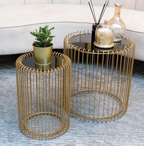 Image of OTZ Round Nesting Side Table Set of 2 Gold Wireframe Metal Black Mirrored Glass Top Fully Built Gold Coffee Table Luxury Accent for Living Room & Bedroom Coffee Table