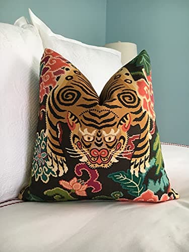Image of BYRON HOYLE Tibetan Tiger Throw Pillow Cover Hot Green Pink Turquoise Black Rustic Boho Decor Cushion Case Chinoiserie Animal Cotton Line Fabric Pillow Case 18X18 Inch For Bedroom Sofa Car