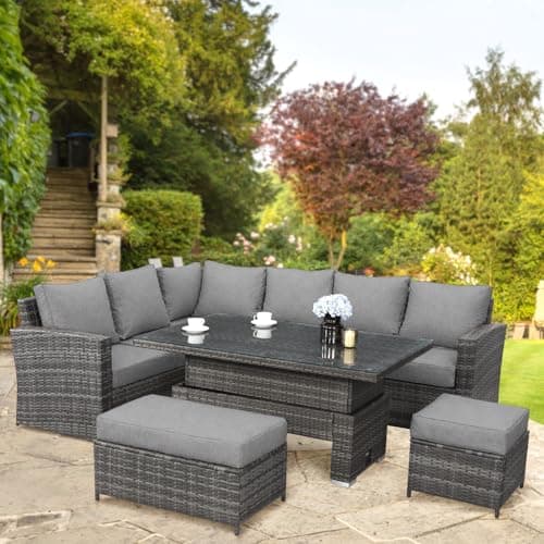 Image of GOODS EMPORIUM 9 Seater Rattan Garden Furniture Set with Height Adjustable Rising Table - Outdoor Furniture Rattan Corner Sofa - FREE COVER INCLUDED (Dark Grey Mixed with Light Grey Cushions)
