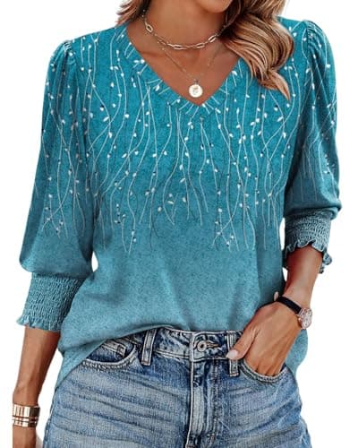 Image of XIEERDUO Tops for Women 3/4 Length Sleeve Ladies Blouses V Neck T Shirts Puff Sleeve Tunic Curved Hem Office Wear Size 14-16 Blue Gradient