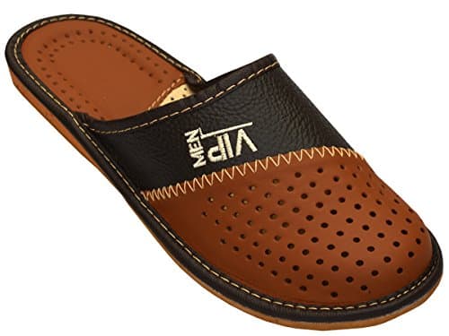 Image of BAWAL Men's Slippers Leather Brown & Black VIP Rubber Sole Size 6.5-12 (12 UK, VIP)