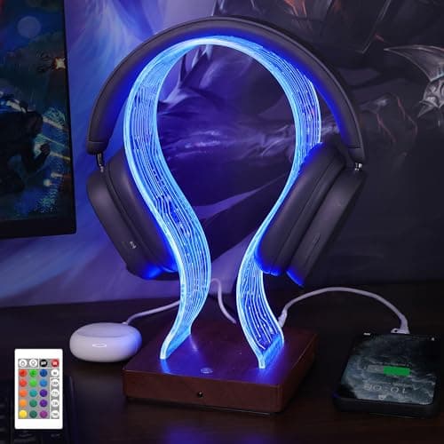 Image of YuanDian Headphone Stand with 16 Changing Colors, Wooden Headset Holder with 1 USB Charging Port and 1 Type-C Charging Port Touch Control with Remote, Gift for Gamers, Men, and Music Lovers