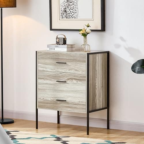 Image of Vida Designs Brooklyn Industrial Chest of Drawer Rustic Bedroom Storage Unit, Cabinet Dresser with Metal Frame (Grey, 3 Drawer)