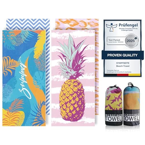 Image of Microfibre Beach Towels for Adults - 200x90cm 2 Pack Extra Large Beach Towels in Gift Boxed, 250 GSM, Sand Free, Lightweight & Quick Dry Beach Towel for Swim, Travel and Gym(Word & Pineapple)