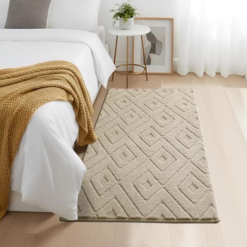 Image of Aspire Homeware Rugs For Bedroom 80x150 cm – 100% Polyester Machine Washable Beige Rugs Living Room Anti Slip Hallway Carpet Runner, Modern Hollow Square High Low Pile Rug For Kids Room Non Shedding