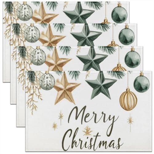 Image of Set of 4 Merry Christmas Place Mats 45x30 cm,Rustic Christmas Tree Placemats for Dining Table,Christmas Tree Stars Waterproof Placemats,Happy Winter Holiday Table Mats No Slip