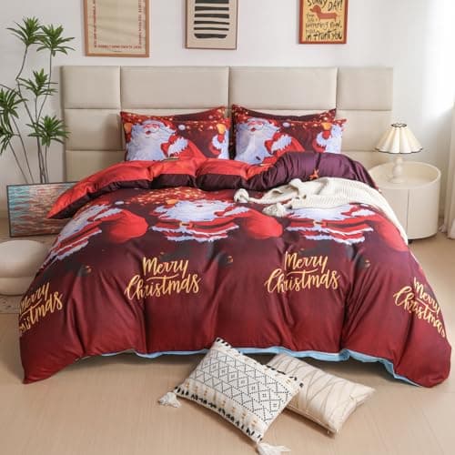 Image of Father Christmas Royal Santa Claus Merry Santa Xmas Kitty Duvet Quilt Cover & Pillowcase Bedding Set Multi-Colour Snowman Presents Set Ultra Soft Easy Care, Modern Design (Double, Santa Red)