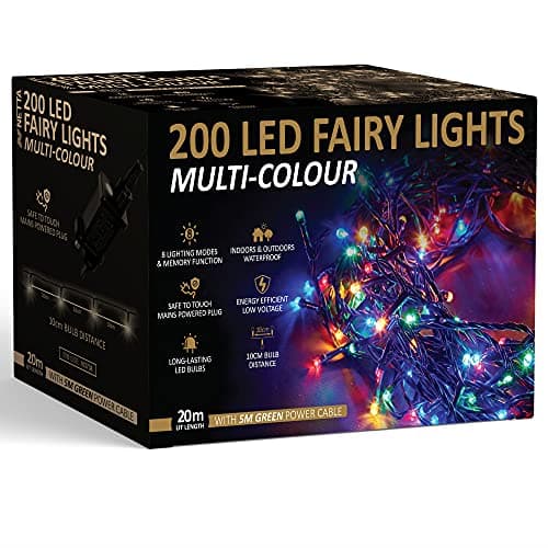 Image of NETTA Christmas Tree Fairy Lights - 20M 200 LED Mains Powered, Waterproof Outdoor String Light, 8 Modes Plug in Lighting Outside Indoor & Outdoor Garden Xmas Decorations - Multicolour