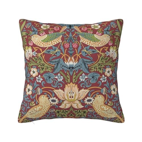 Image of Keebik William Morris Strawberry Thief Red Design Throw Pillow Cover Soft Decorative Throw Pillowcases Cushion Case for Home Decor Living Room Bed Couch Car 16x16 Inch