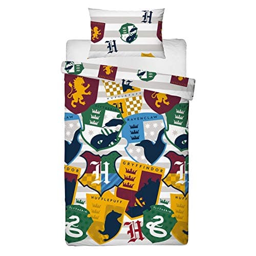 Image of Character World Harry Potter Duvet Cover | Officially Licensed Reversible Two Sided House Badge Stickers Design with Matching Pillowcase, Polyester, Grey (Single)