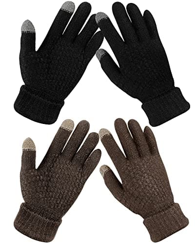 Image of 2 Pairs Women's Winter Warm Fleece Lined Knit Gloves - Elastic Cuff Texting Gloves, Black, Coffee, One Size