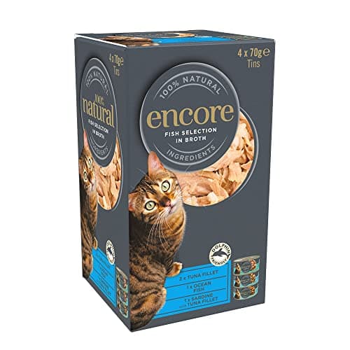 Image of ENCORE 100% Natural Wet Cat Food, Premium Assortment of Fish in Broth - Pack of 16 cans of 70 g