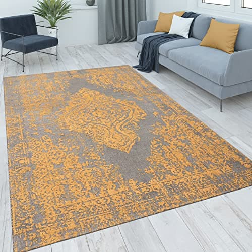 Image of Paco Home Area Rugs Livingroom Short Pile Large Rug Bedroom Vintage Moroccan Pattern Oriental Ornaments, Size:80x150 cm, Colour:Anthracite-Yellow