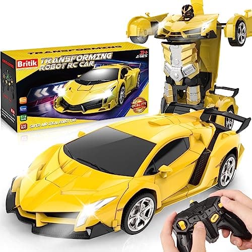 Image of Britik Toys for Kids 3-8 Year Old: Transforming Remote Control Car Toys Gifts for Boys Age 3 4 5 6 7 8 Birthday Presents Toy for Toddler Transformable 2 in 1 Robot RC Car Toy 360° Rotating-Yellow