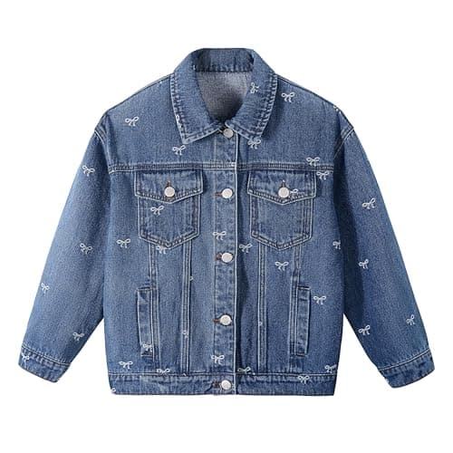 Image of Rolanko Jean Jacket for Girls, Basic Distressed Denim Trucker Jacket Outwear Button Down Jeans Coat, Bow, Size: 140