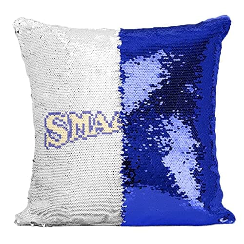 Image of Fabulous Sequin Cushion Cover Blue Smaaaash! Pixel Art Video Game Retro Gaming Arcade