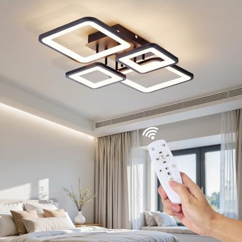 Image of Warmiehomy Modern Ceiling Light LED,40W Dimmable Ceiling Litting with Remote Control,62CM 3000-6500K,4 Square Chandeliers Ceiling Light for Living Room Dining Room,Black