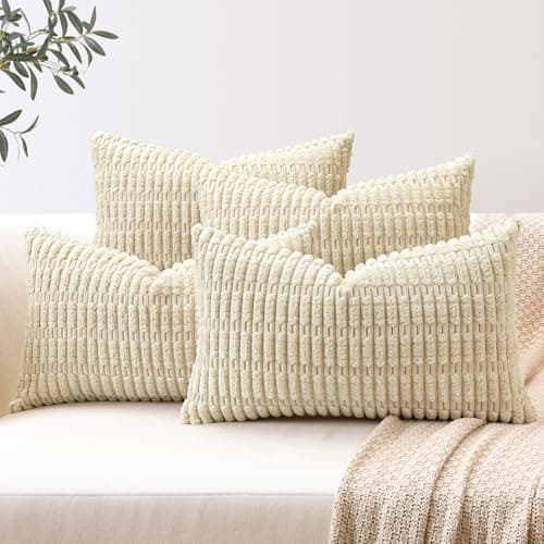 Image of Sungeek Set of 4 Soft Corduroy Decorative Cushion Covers 40x60cm Lumbar Striped Throw Pillow Covers 16x24 Inch for Sofa Couch Living Room Patio Farmhouse Boho Home Decor Pillowcases (Cream)